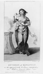 Elizabeth Chudleigh (1720-88) Hertogin van Kingston zoals ze verscheen op het Venetiaanse Ambassadeursbal in Somerset House, gegraveerd door Francis Chesham (1749-1806)